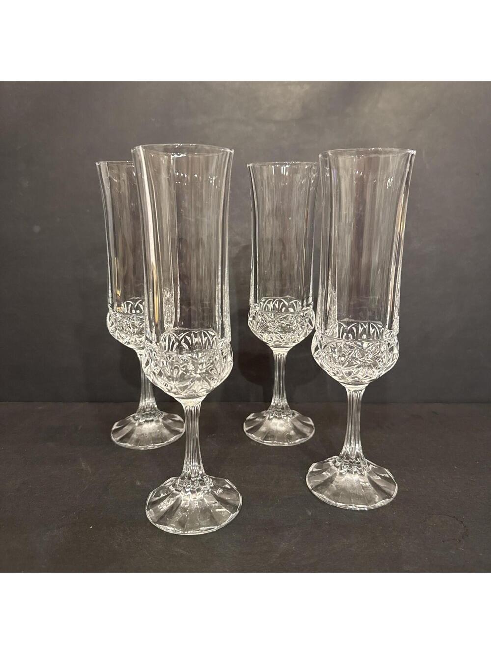 Vintage Crystal Champagne Flutes 8" Paneled Optic Cut Diamond Stem Glasses